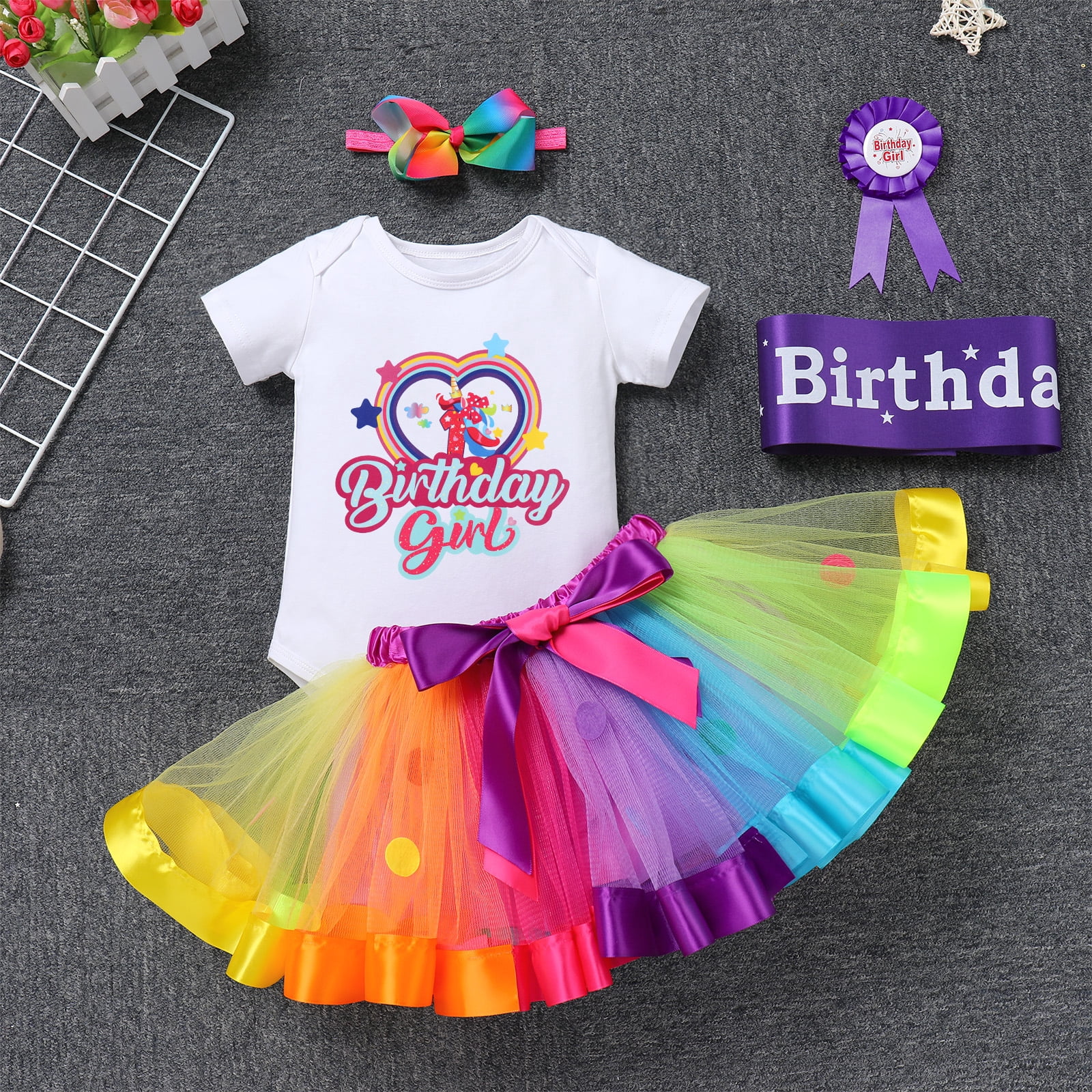 IBTOM CASTLE Toddler Baby Girl Unicorn 1st 2nd 3rd Birthday Outfit Romper + Rainbow Tutu Skirt + Headband + Sash + Badge 5PCS Princess Dress up Clothes Set for Cake Smash Photo Shoot