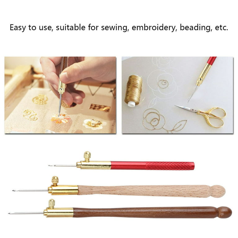Tambour Hook Wooden Handle Embroidery Crochet Hook Beading Needle Tools Kit  with 3 Needles (0.7mm 1mm 1.2mm) for Embroidering Sequins and Beads