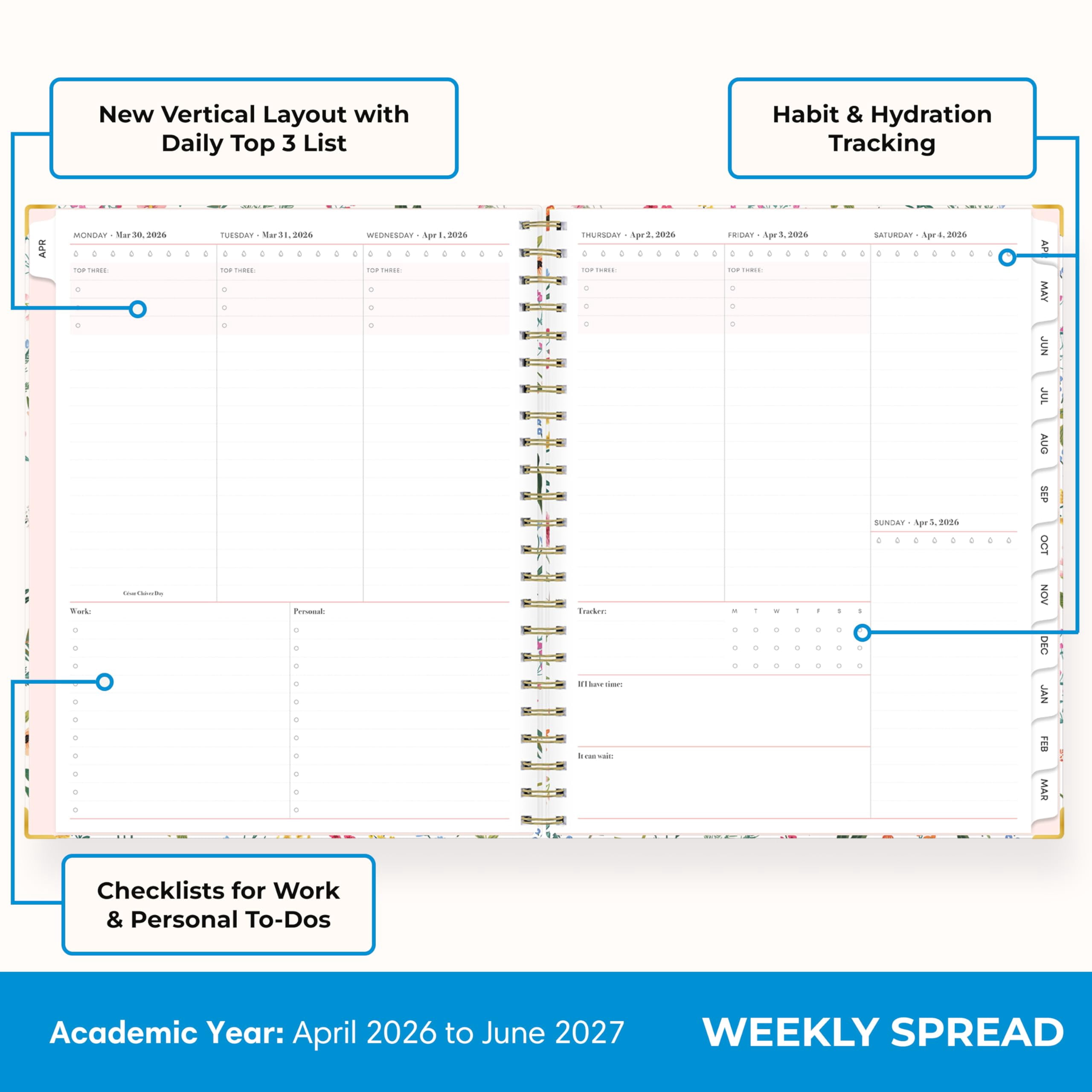 Blue Sky 15 Month 2026-2027 Weekly and Monthly Academic Year Planner Calendar, April 2026 - June 2027, 8.5" x 11", Storage Pocket, Snap-in Ruler w/Sticky Notes & Sticker Sheet, Londonberry White