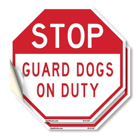 Stop Guard Dogs on Duty (2 Pack) 6 inch X 6 inch Octagon Vinyl Label Decal Sticker Weather Resistant, UV Protected for Workplace, Private Property, and Construction Site, Made in the