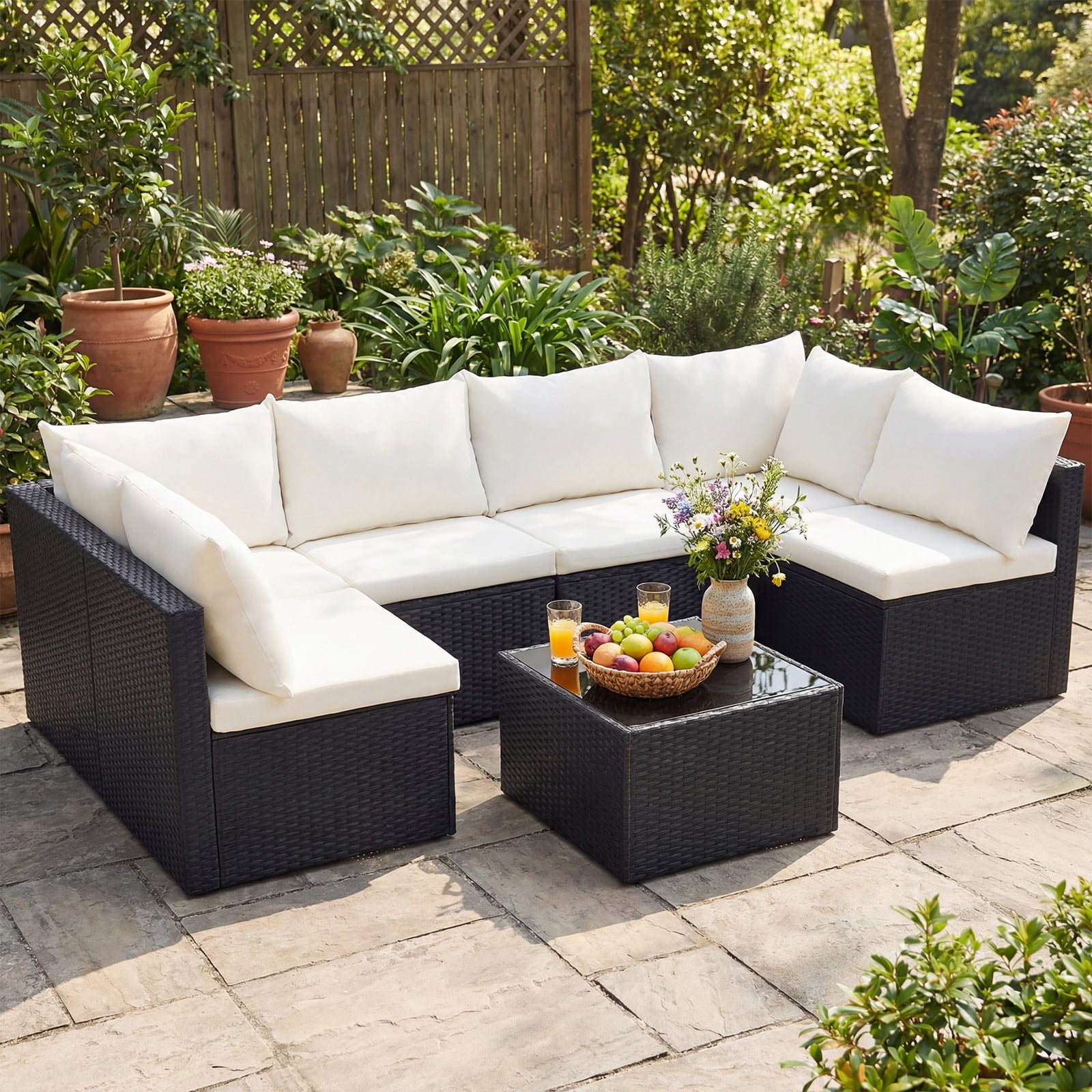 SHOUFTW 7 Piece Patio Furniture Set, Outdoor Wicker Sectional Sofa with Cushions and Glass Table, Black and Beige