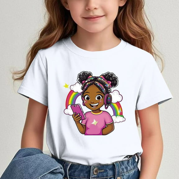 Fatuov Girls Cute Print T-Shirts Short Sleeve Lightweight Graphic Tee for Kids Boys Summer Crew Neck Back to School T-Shirts 14 Years, White
