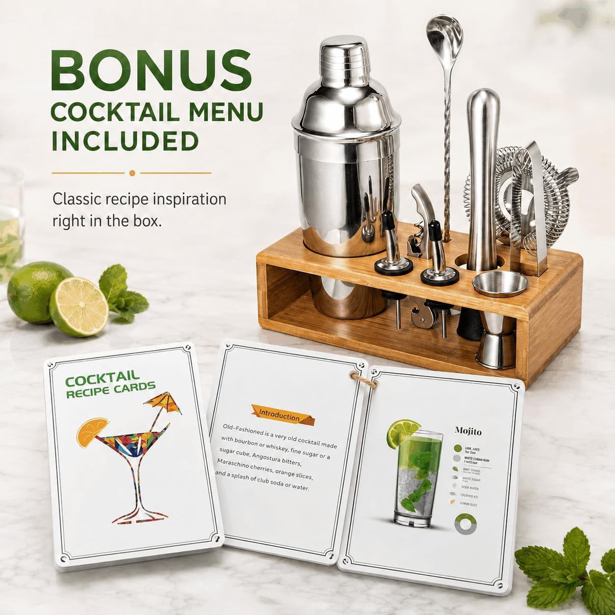 Semderm 10-Piece Cocktail Shaker Set, Stainless Steel Bartender Kit with Bamboo Stand, Mixology Tools with Muddler Jigger Pourers for Home Bar, Gift for Men & Women ( Silver )