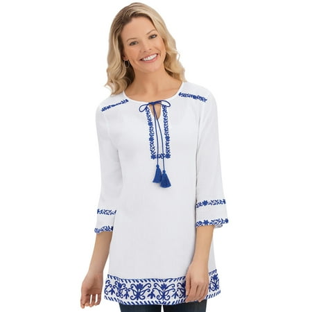 - women's embroidered border keyhole tassel cotton peasant tunic top with 3/4 sleeves, xx-large, turquoise/white