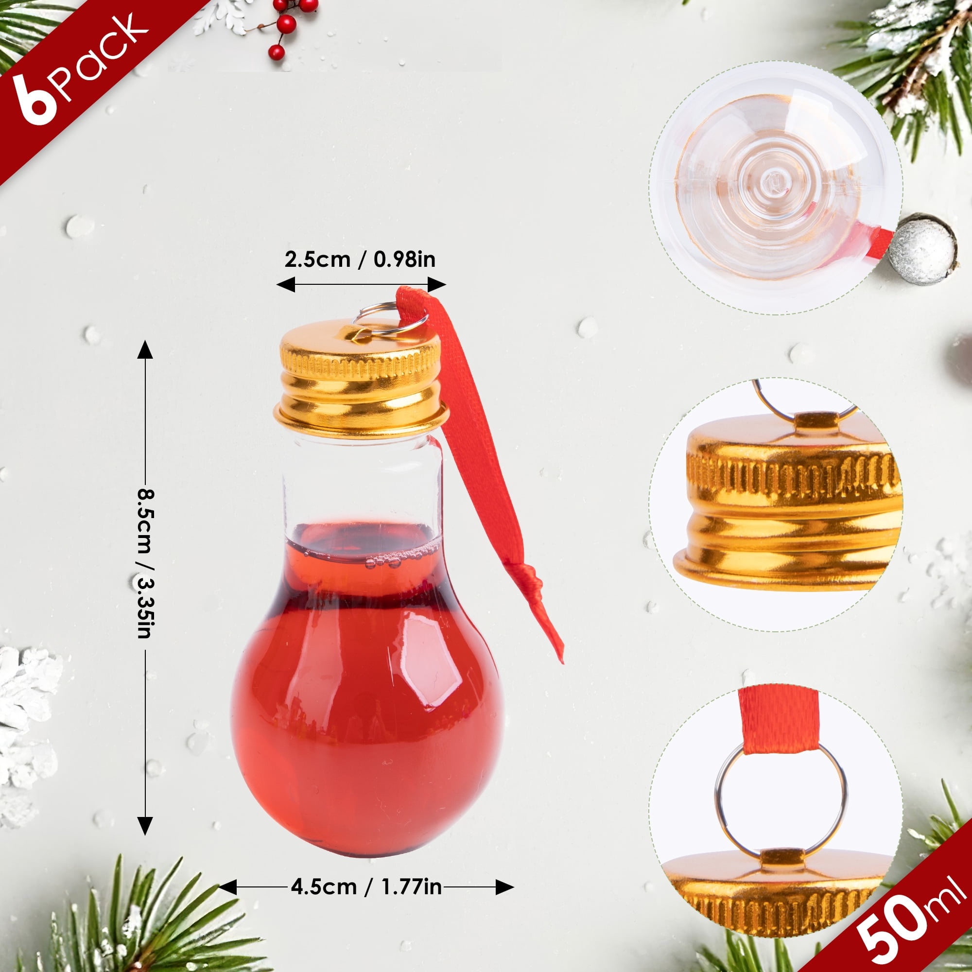 Fillable Christmas Ornament Drink Balls, 50 ml Reusable Plastic Bulb-Shaped Ornaments, 6 Pack Clear Hanging Decorations for Holiday Trees and Gift Exchanges