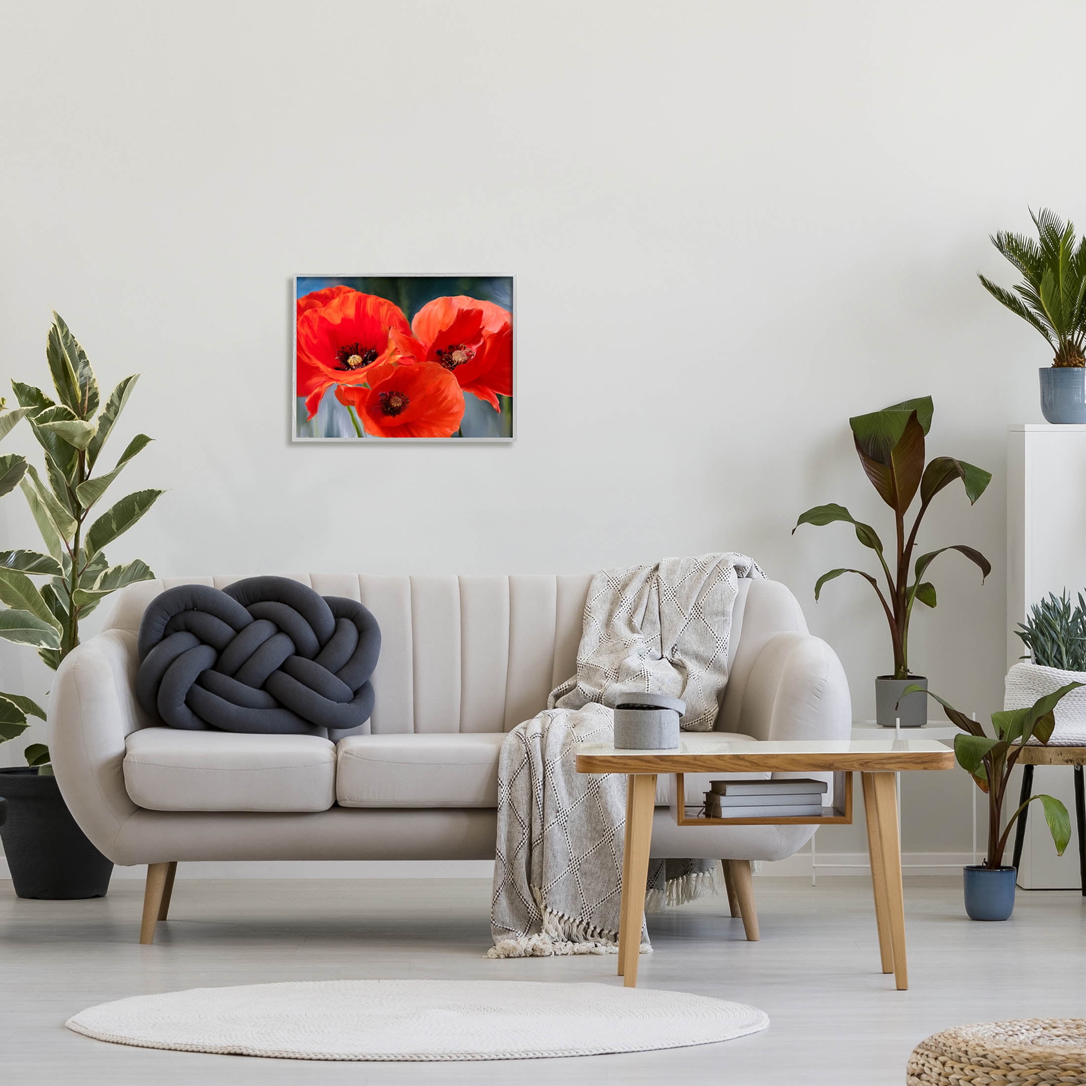 Bold Red Poppy Flower Trio Botanical & Floral Painting Gray Framed Art Print Wall Art