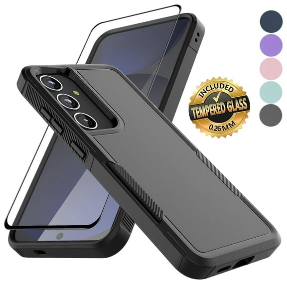 For Samsung Galaxy S24 FE Case with Tempered Glass Screen Protector, Tekcoo Dual Layer Heavy Duty Cover Military Grade Protection Shockproof Rugged Phone Case for Samsung Galaxy S24 FE - Black