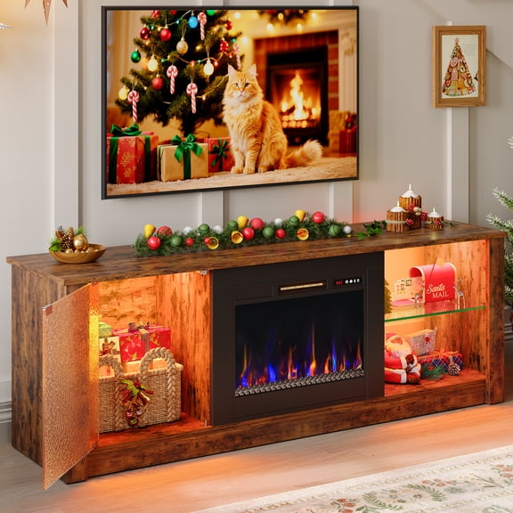 Bestier Fireplace TV Stand with 23" Electric Fireplace for TVs up to 70 inch, LED Light Entertainment Center with Adjustable Shelf, Modern Media Console with Highlight Cabinet for Living Room, Brown