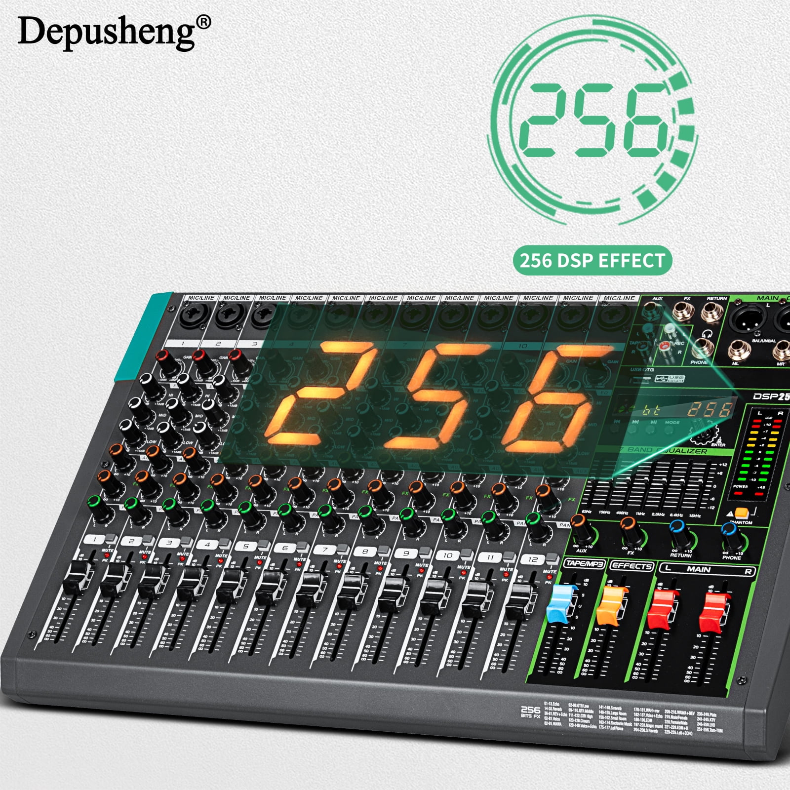 Depusheng PA12 Mixing Console 12-Channel Audio Mixer with 48V 256DSP Reverb Effect  PC AUX Play Record Podcast Broadcast stage