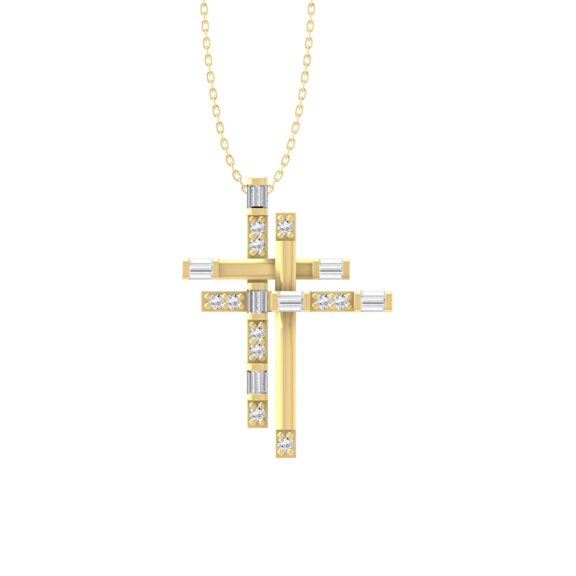 Araiya Fine Jewelry 14k White Gold Baguette-and-Round-shape Lab Grown Diamond Cross Pendant with Silver Cable Chain Nacklace (1/4 cttw, D-F Color, VS1 Clarity) 18"