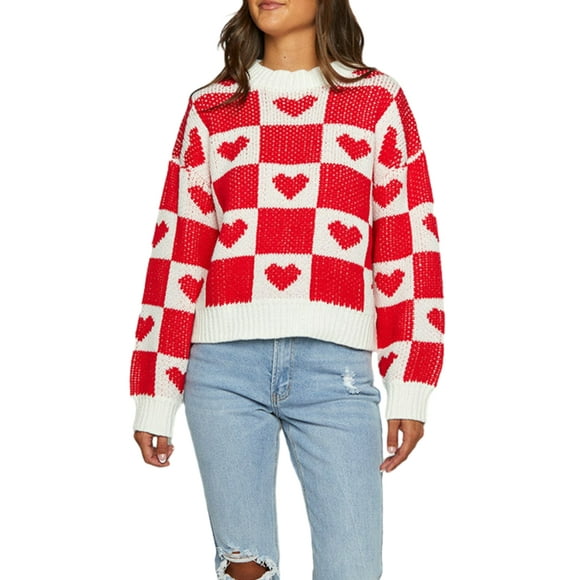 Gupgi Women Heart Print Sweater Valentine's Day Pullovers Long Sleeve Loose Knitted Sweatshirts
