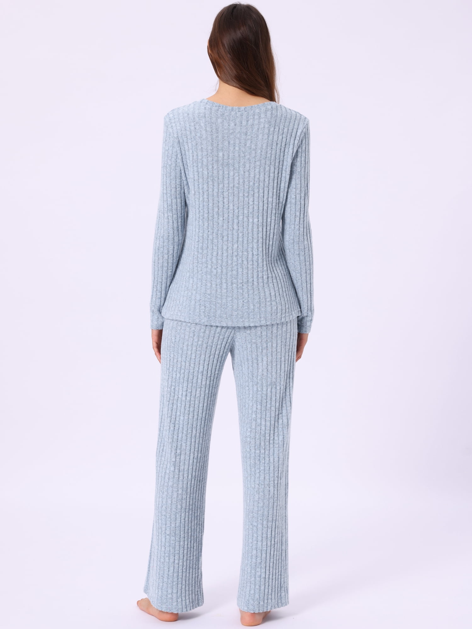 DARING DIVA Women's Knit Long Sleeve Ribbed Sleepwear Soft Crewneck Sets M Blue
