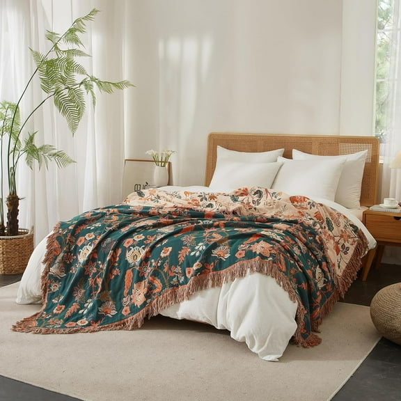 Boho Throw Blanket for Bed 60”x80”,  Cotton Woven Blanket for Couch Sofa, Ultra Soft 4-Layer Muslin Quilt with Floral Printed, Farmhouse Bed Blanket/Cover for Living Room Decor