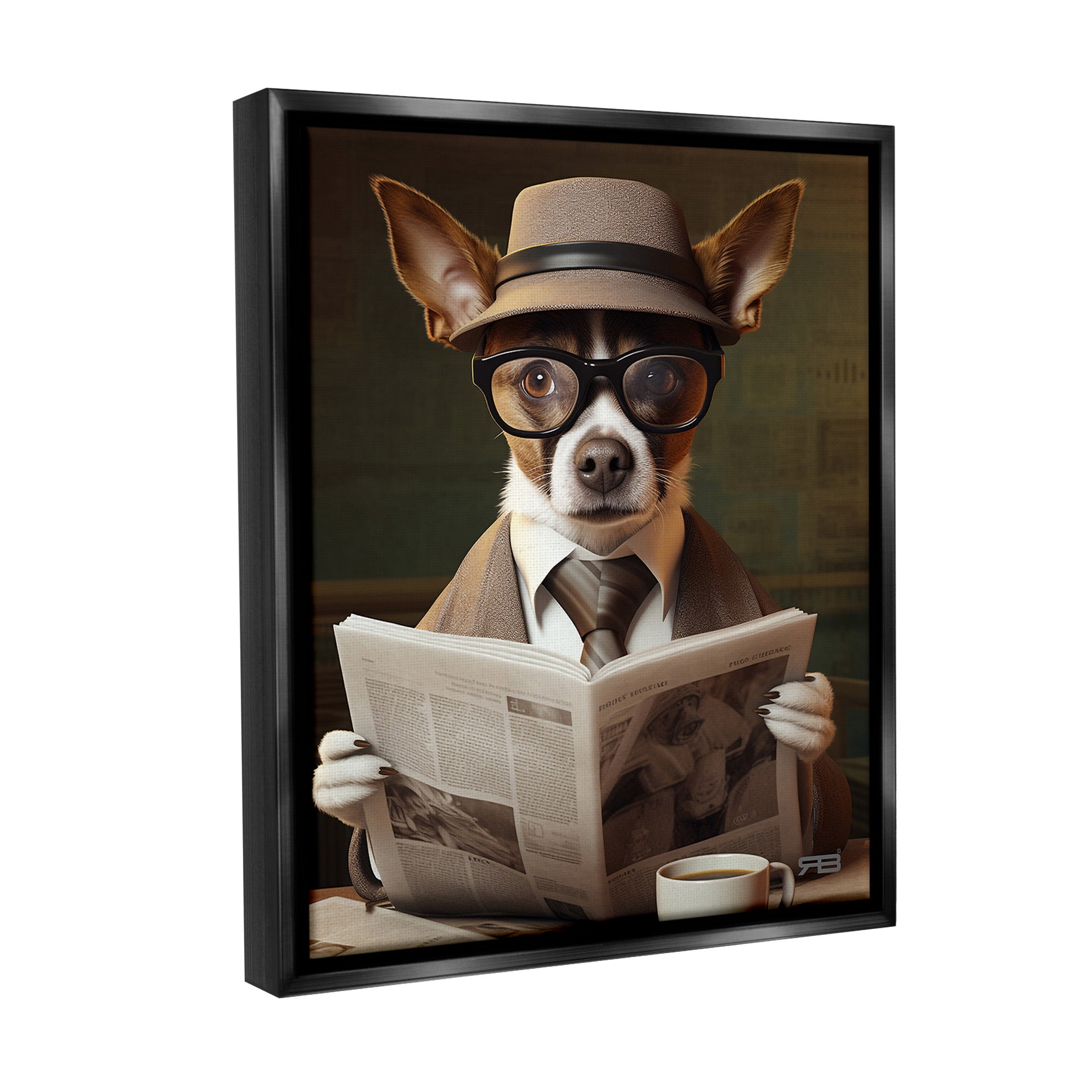 Stupell Industries Classy Dog with Newspaper Animals & Insects Painting Black Floater Framed Canvas Art Print Wall Art, 17 x 21