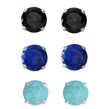 - Set of 3-pair Sterling Silver 8-mm Turquoise, Black, Bright Blue Ice Cubic Zirconia Stud Earrings