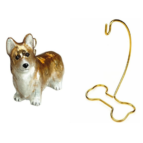 Pembroke Welsh Corgi Polish Glass Ornament And Dog Bone Shaped Brass Stand Set 2