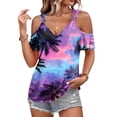 thumbnail image 2 of Iaqnaocc Cold Shoulder Tops for Women Beach Hawaiian Tropic Dressy Casual Short Sleeve V-Neck Tees Summer Fashion Clothing for Women Sexy Basic Strappy Tee Blouse Purple XXL, 2 of 4