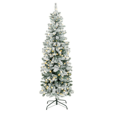 Best Choice Products 7.5ft Pre-Lit Artificial Snow Flocked Christmas Pencil Tree Holiday Decoration w/ 350 Clear (Best Flocked Christmas Trees)