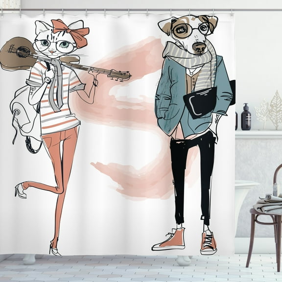 Ambesonne Indie Shower Curtain, Urban Cat Dog Characters, 69"Wx75"L, Slate Blue Pale Pink