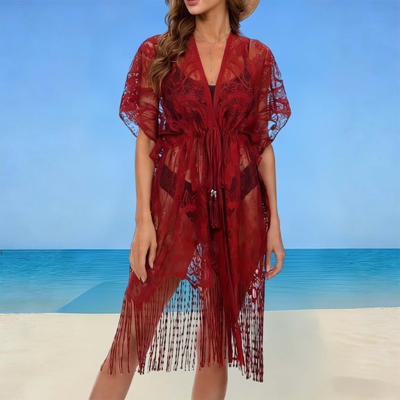 Women's Lace Crochet Beach Cover Up with Tassel Drawstring Tie Waist Open Front Midi Kaftan Sheer Floral Lace Cardigan Bathing Suit Cover up Skirt Red One Size