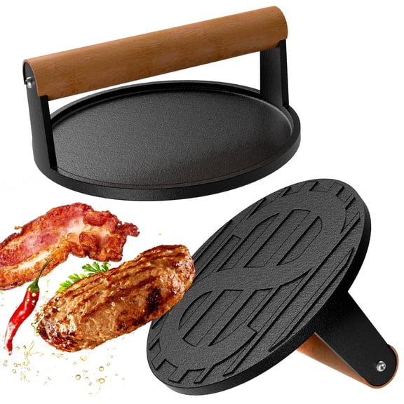 SIXDAY Round Cast Iron Smash Burger Press with Long Wood Handle, 7.1" Grill Press for Burgers, Bacon, Chicken, and Sandwiches