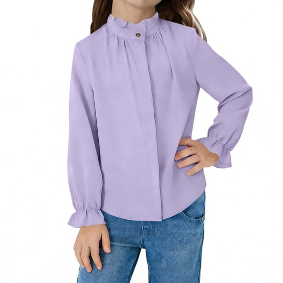hengsof Girls Solid Color Ruffled Long Sleeve Stand Collar Button Up Shirt, Comfortable Casual Kids Top, Suitable for Ages 3-12, Versatile Everyday Top