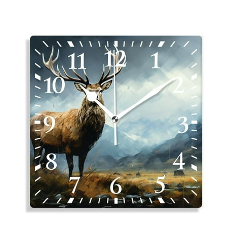 12 Inch Wall Clock Battery Operated Silent Clock Decorative for Office, Kitchen, Outdoor, Living Room,Whitetail Deer Fawn in Wilderness Countryside Lovely Drawing