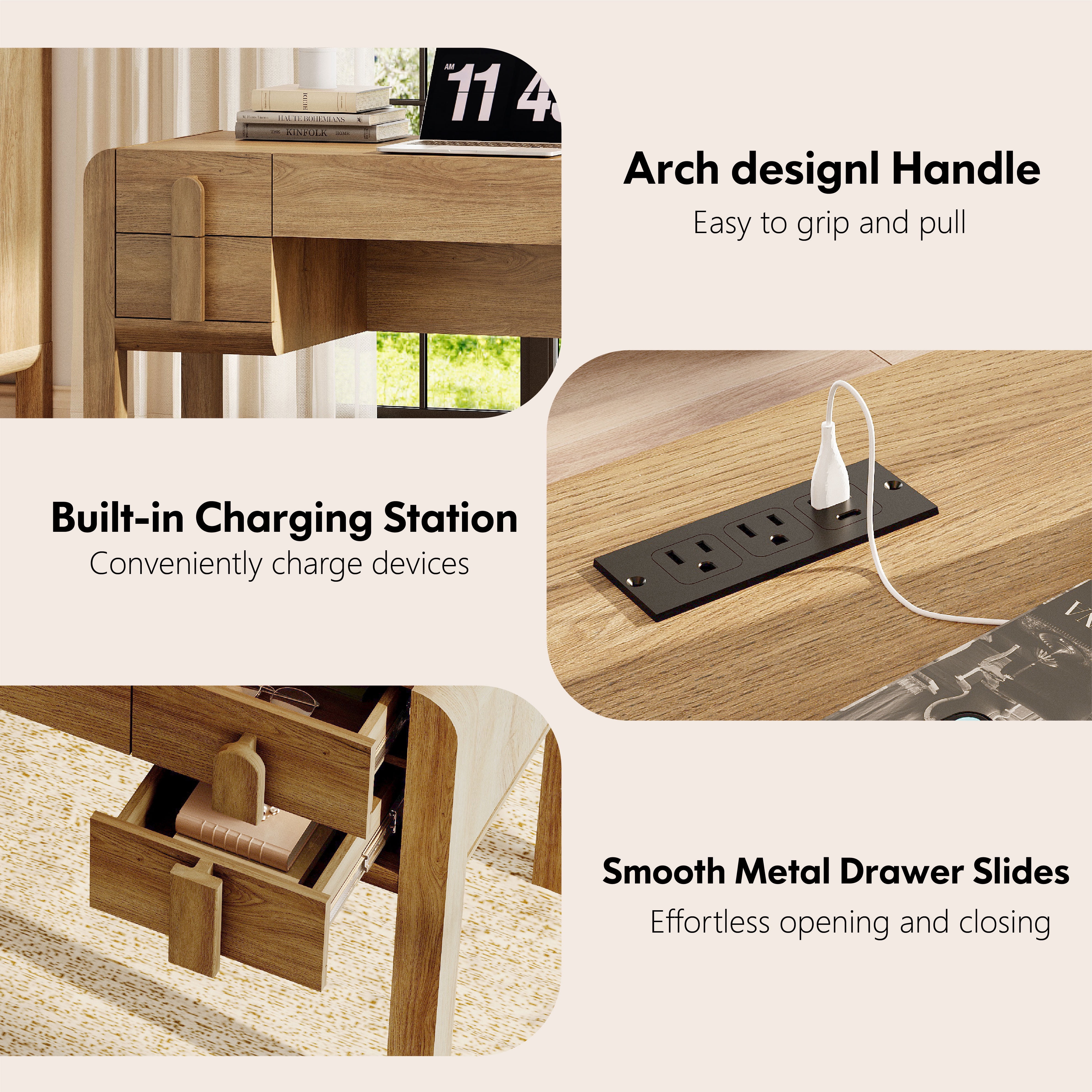 53.5"W Mid-century Modern Executive Desk with 5 Drawers , Home Office Desk With Charging Station，Wood Computer Desk With Curved Profile Design，Standing Desk For Business Furniture Set Workstation