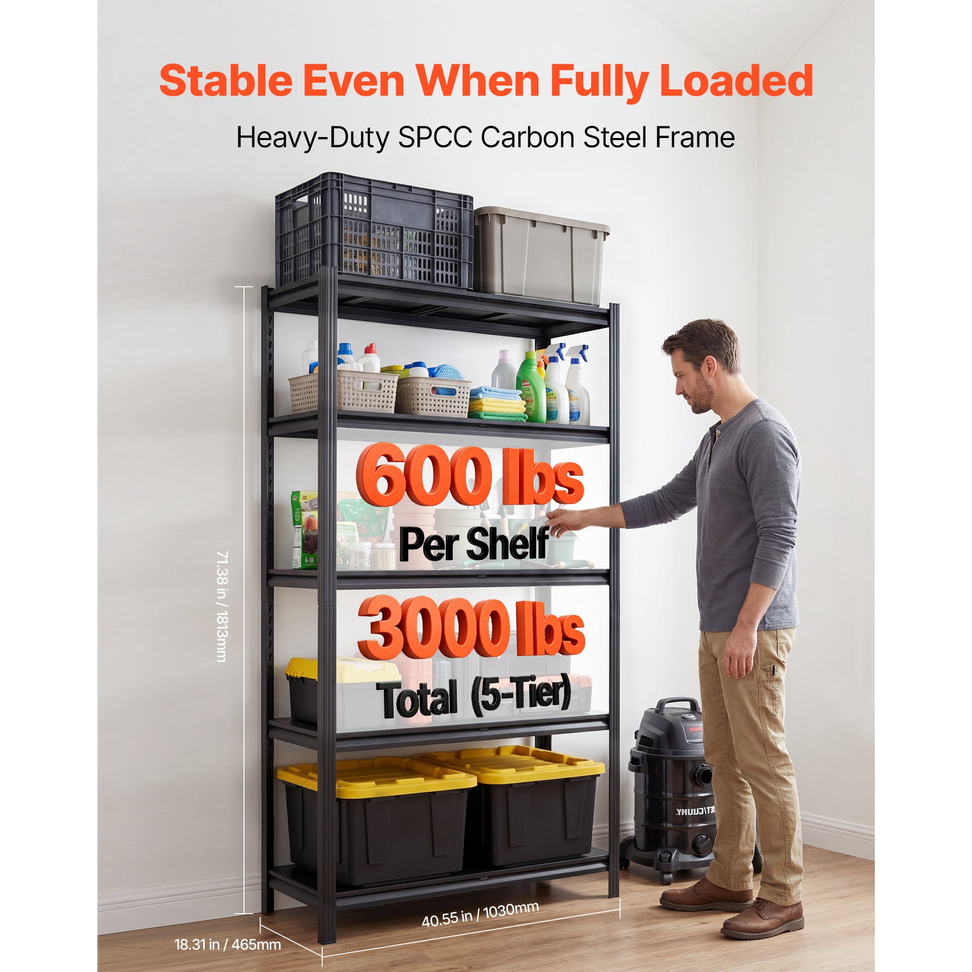 KFFKFF 5-Tier Adjustable Storage Shelves, 3000 lbs Capacity, Heavy-Duty Metal Utility Rack for Garage, Warehouse, Basement, or Kitchen, 40.55" W x 18.31" D x 71.38" H