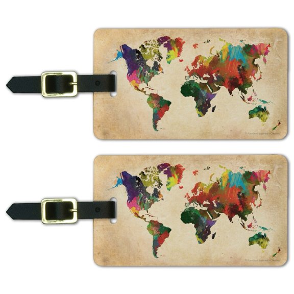 Colorful Rainbow Map of the World Earth Globe Luggage ID Tags Suitcase Carry-On Cards - Set of 2