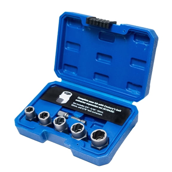 Century Drill & Tool 6 Piece Bolt Extractor Set 73425; securely grips damaged bolts and fasteners, impact ready socket adapter included