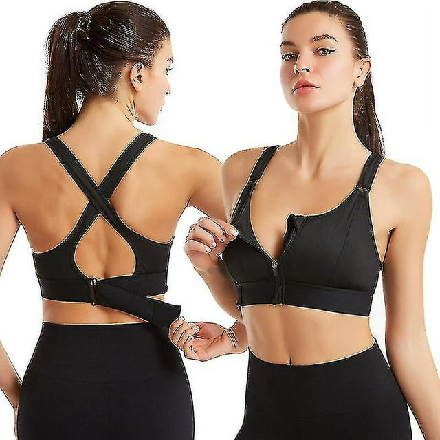 Women's Zip Front Sports Bra Post-surgery Removable Pads Active Sports Bra-black(s)