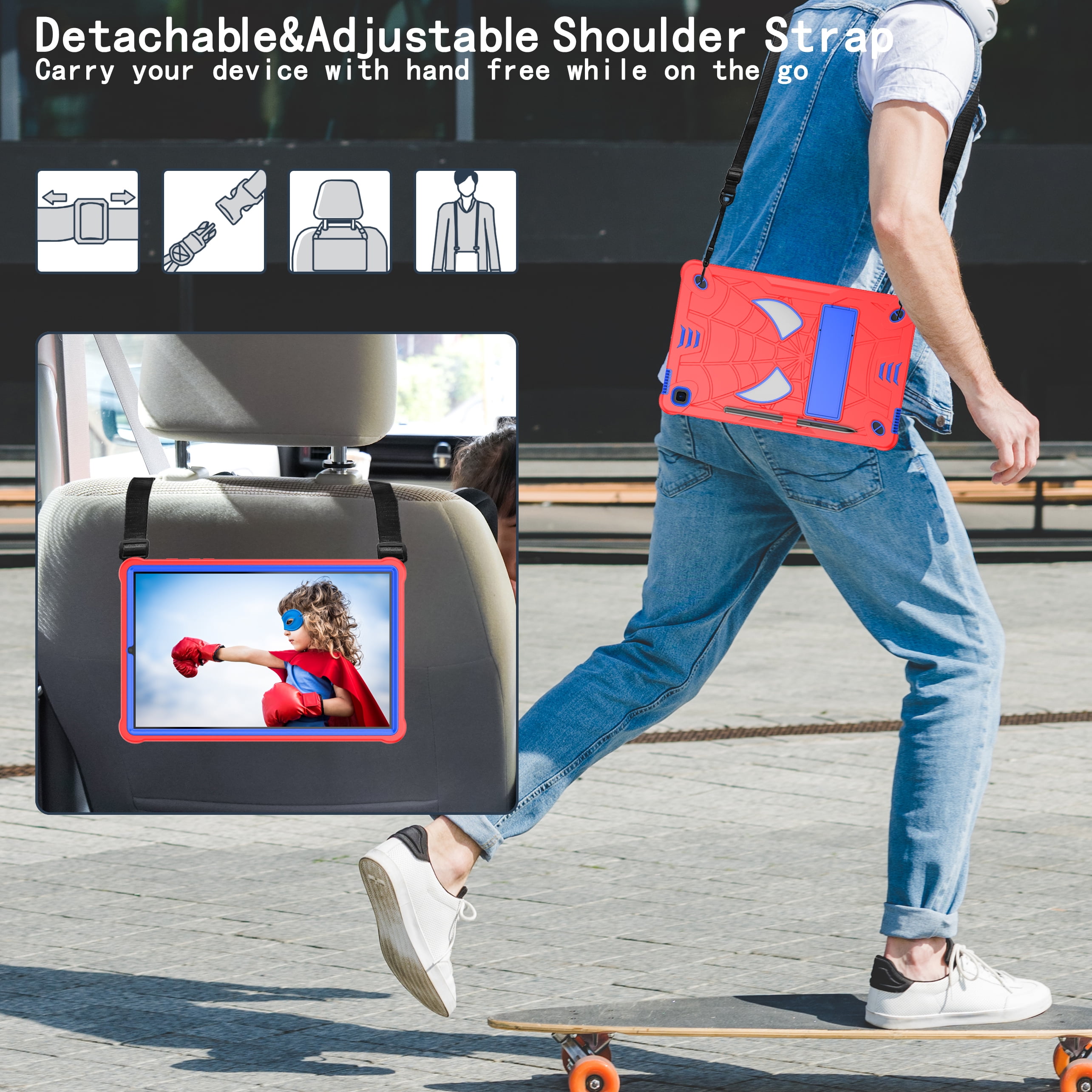 Dteck for iPad Air 5th/4th Gen Case iPad Pro 11 Case 2022/2021/2020/2018 with Pencil Holder, Heavy Duty Hybrid Shockproof Rugged Kids Case with Kickstand Crossbody Shoulder Strap,Red+Blue