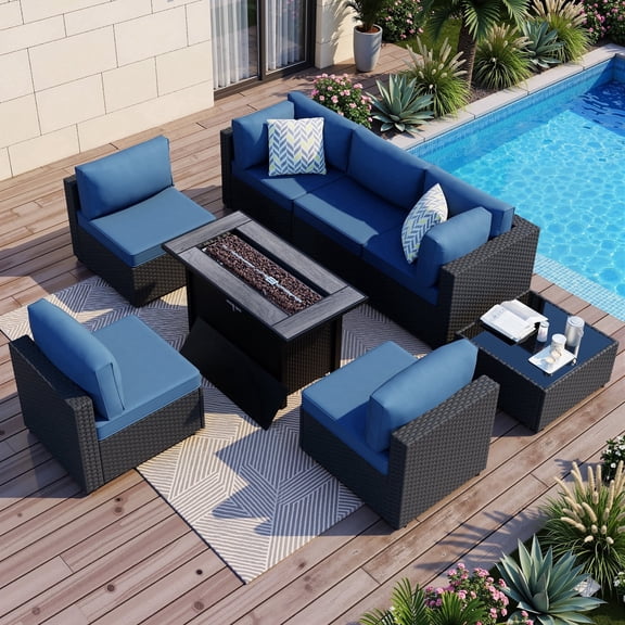 Walsunny 8 Pieces Patio Wicker Rattan Fire Pit Furniture Conversation Sets with Outdoor Sectional Sofa,45" Gas Propane Fire Pit Table,Glass Coffee Table,Black Rattan Blue Cushion