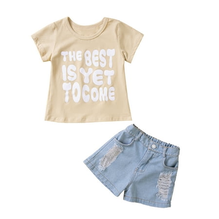 

Calsunbaby Kids Little Boys Casual Clothes Sets Letter Printed Round Neck Short Sleeve Tops + Ripped Patchwork Shorts Beige 4-5 Years