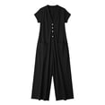 thumbnail image 7 of hoksml Women's V-Neck Short Sleeve Jumpsuit, Casual Button Front Wide Leg Overalls with Pockets, 7 of 7