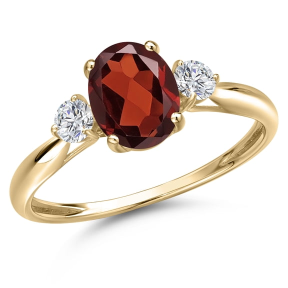 Gem Stone King 10K Yellow Gold Red Garnet and Lab Grown Diamond 3-Stone Ring for Women | 1.72 Cttw | Oval 8X6MM | Gemstone January Birthstone | Size 9