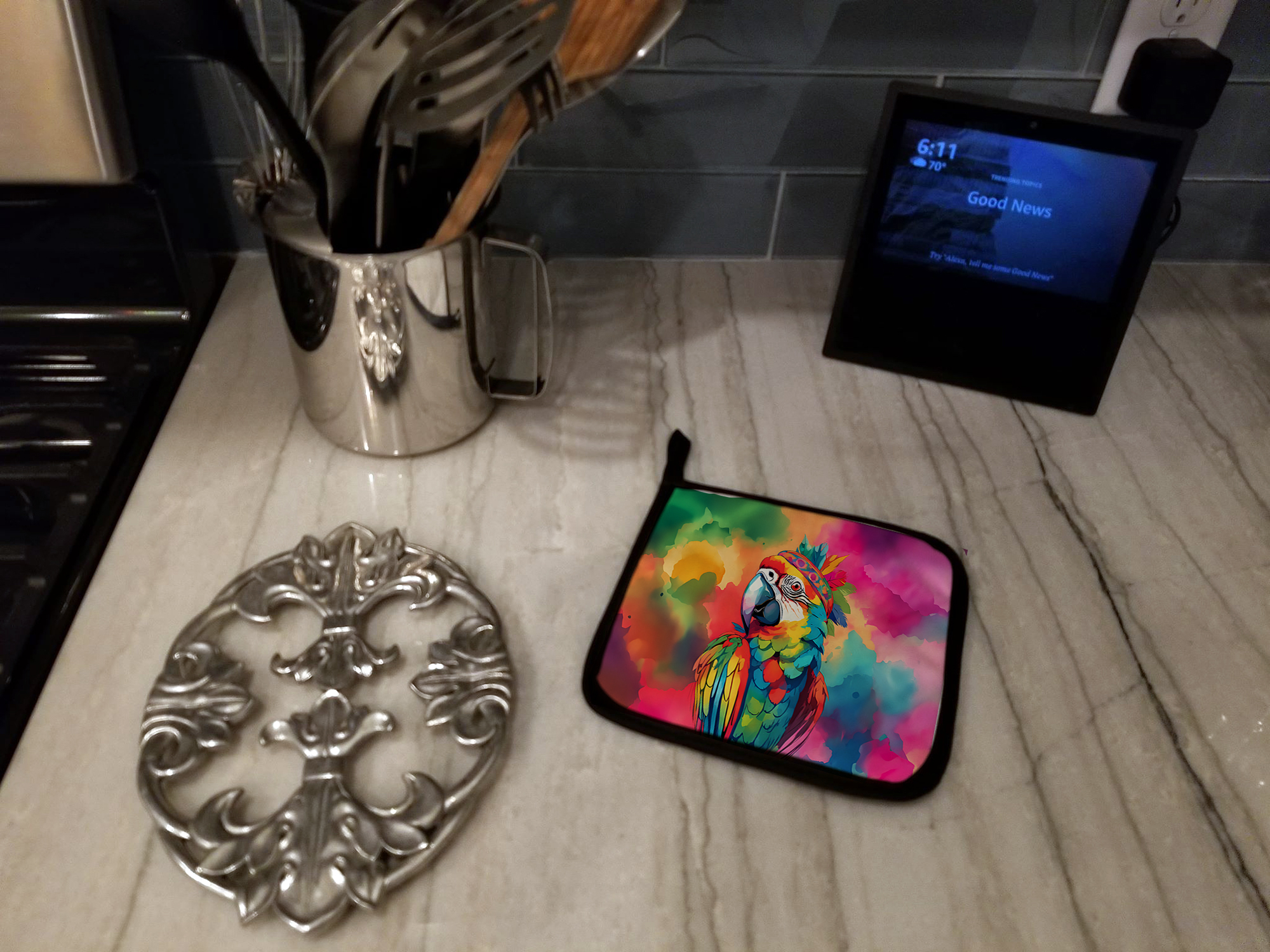 Hippie Animal Parrot Pair of Pot Holders 7.5 in x 7.5 in