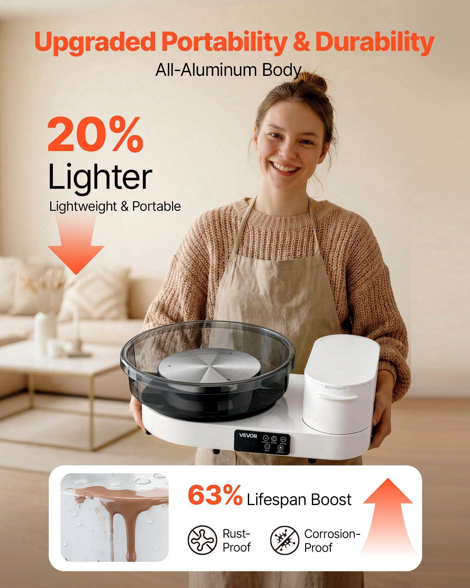 Electric Pottery Wheel for Adults 14 and 11 Inch Turntables 450W Table Top with Foot Pedal 30 to 300 RPM Adjustable Speed Aluminum Body for Beginners DIY Clay Art Craft White
