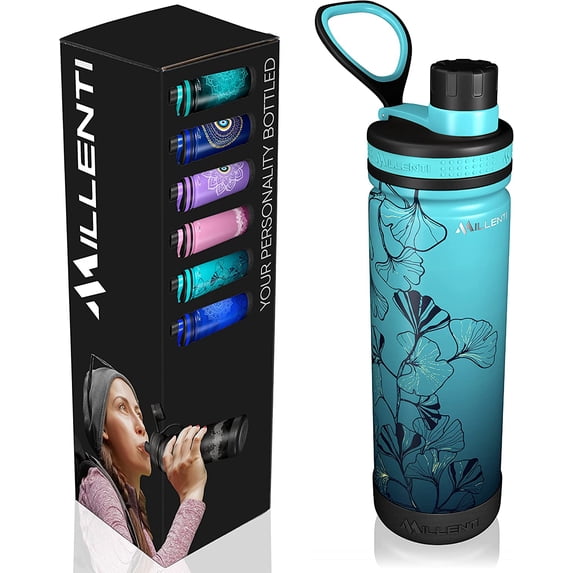 Millenti Pilates Water-Bottle Chug-Cap Spout-Lid - 26oz Vacuum Insulated, Stainless Steel, Double Walled, Thermos Flask Bottles (Ginkgo Teal) WB0326TL