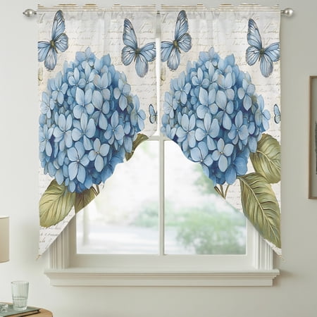 Blue Flower Butterfly Texture Swag Valances for Windows Rod Pocket Short Curtains Machine Washable Kitchen Window Topper for Bathroom Living Room 36 x 36 Inch 1 Pair