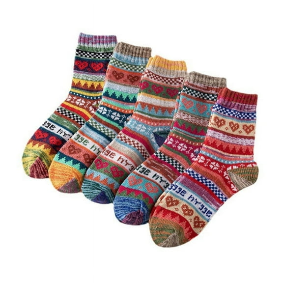 XISAOK 5 Pairs Women Winter Warm Faux Wool Knit Crew Socks Ethnic Style Multicolored Heart Geometry Striped Thermal Hosiery
