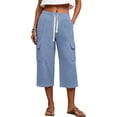 thumbnail image 2 of Waffle Cargo Shorts for Women Summer Capri Baggy Below Knee Long Shorts with Pockets Drawstring Elastic Waist 3/4 Pants Sky Blue 2XL, 2 of 7
