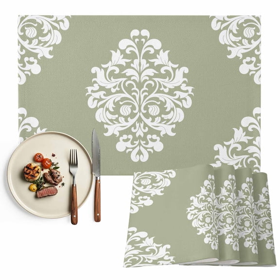 Placemats Set of 4, Sage Green Flower Placemats Set of 4, Classical Luxury Abstract Art Tablemats Placemat Table Decoration for Kitchen Table Dinner Party Home Decor Indoor Outdoor 13x19 Inch