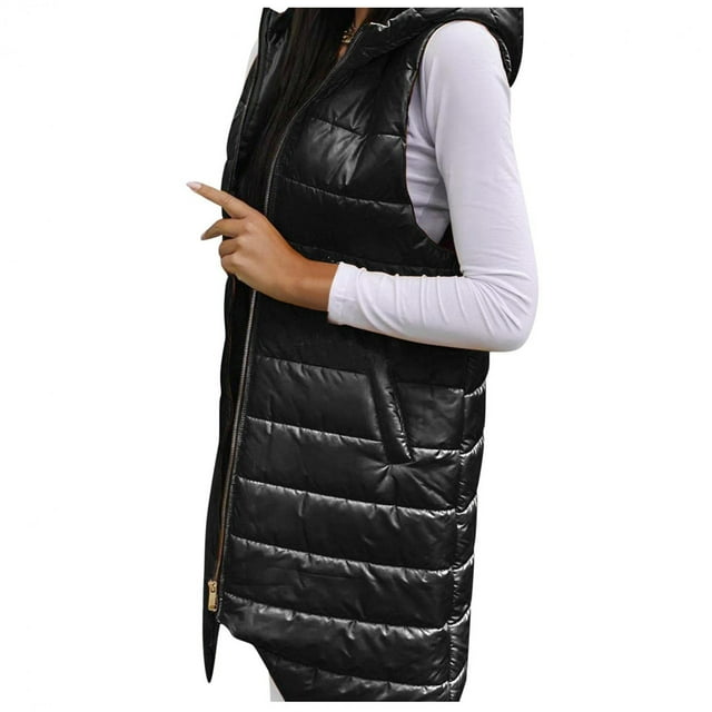 WREESH Ladies Solid Color Hooded Vest Zipper Sleeveless Pocket Mid-length Jacket
