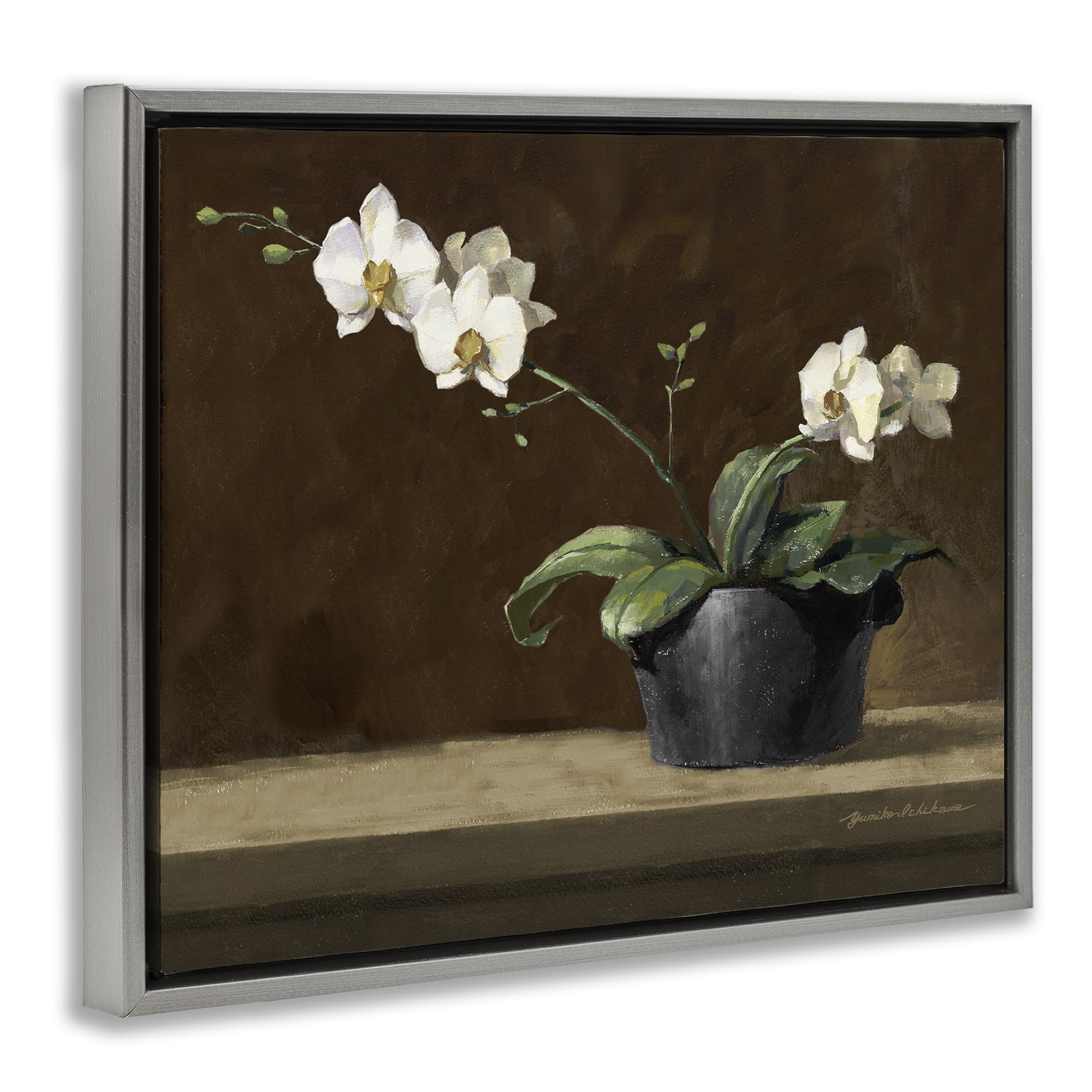 Stupell Industries Potted White Orchid on Ledge Gray Framed Floater Canvas Wall Art, design by Yumiko Ichikawa