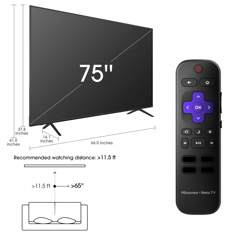 Hisense 75" Class 4K UHD LED LCD Roku Smart TV HDR R6 Series 75R6E4 front and back view