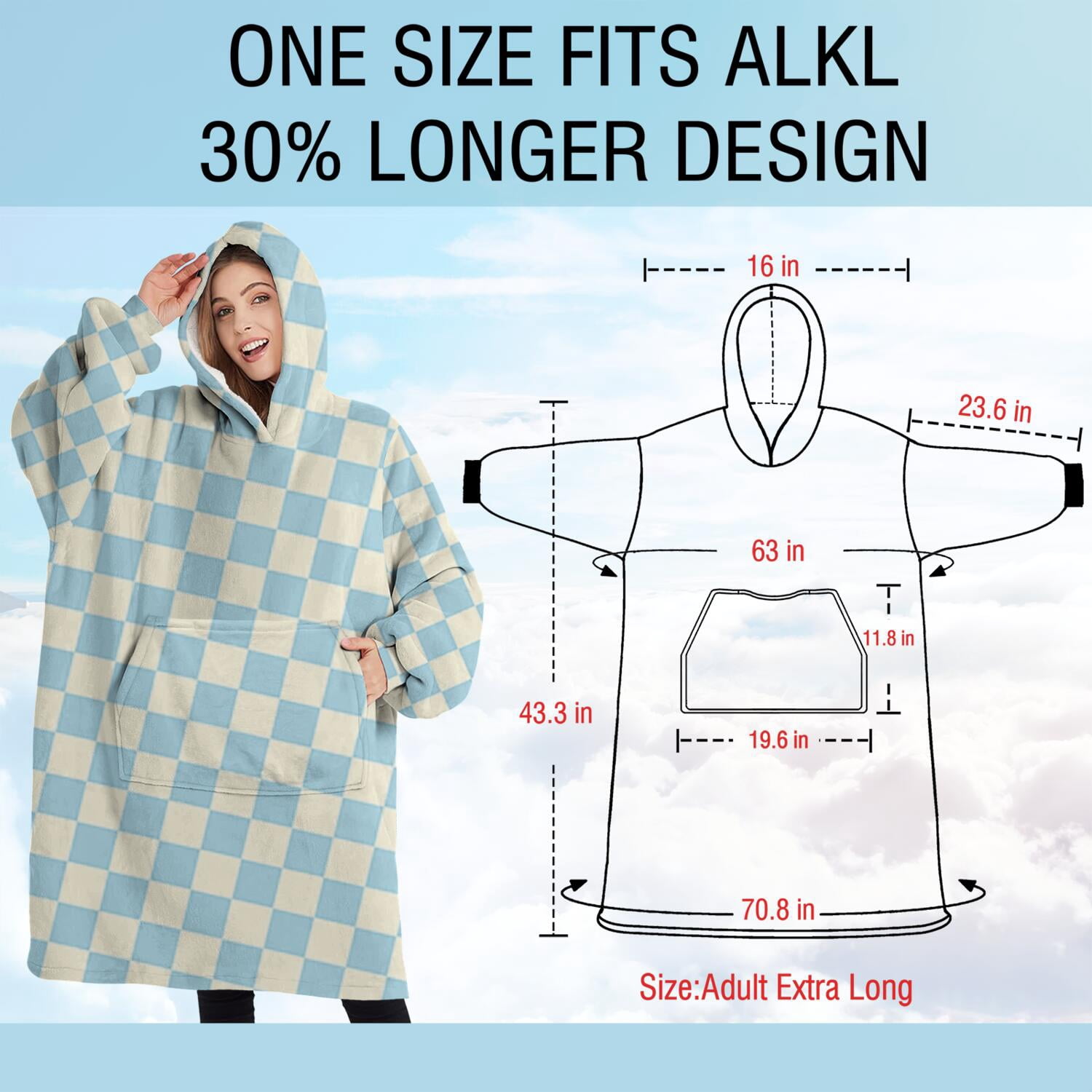 Oversized Wearable Blanket Hoodie,Light Blue and Cream Checkered Pattern Sherpa Blanket Hoodie with Super Pockets,Super Warm Fuzzy Pullover for Women & Men