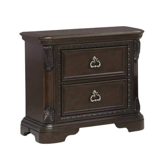 FurniFact 2 Drawer Cherry Nightstand, Dark Wood Bedside Table with Details