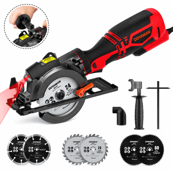 DOVAMAN Circular Saw w/Laser, Metal Handle, 6 Blades, 5.8A Motor, Max Cutting Depth 1-11/16'' (90°), 1-3/8'' (45°)